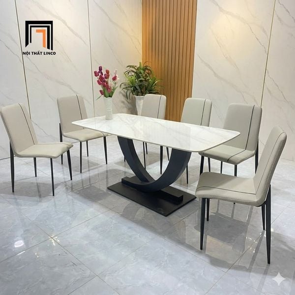 bộ bàn ăn đá 6 ghế bọc da