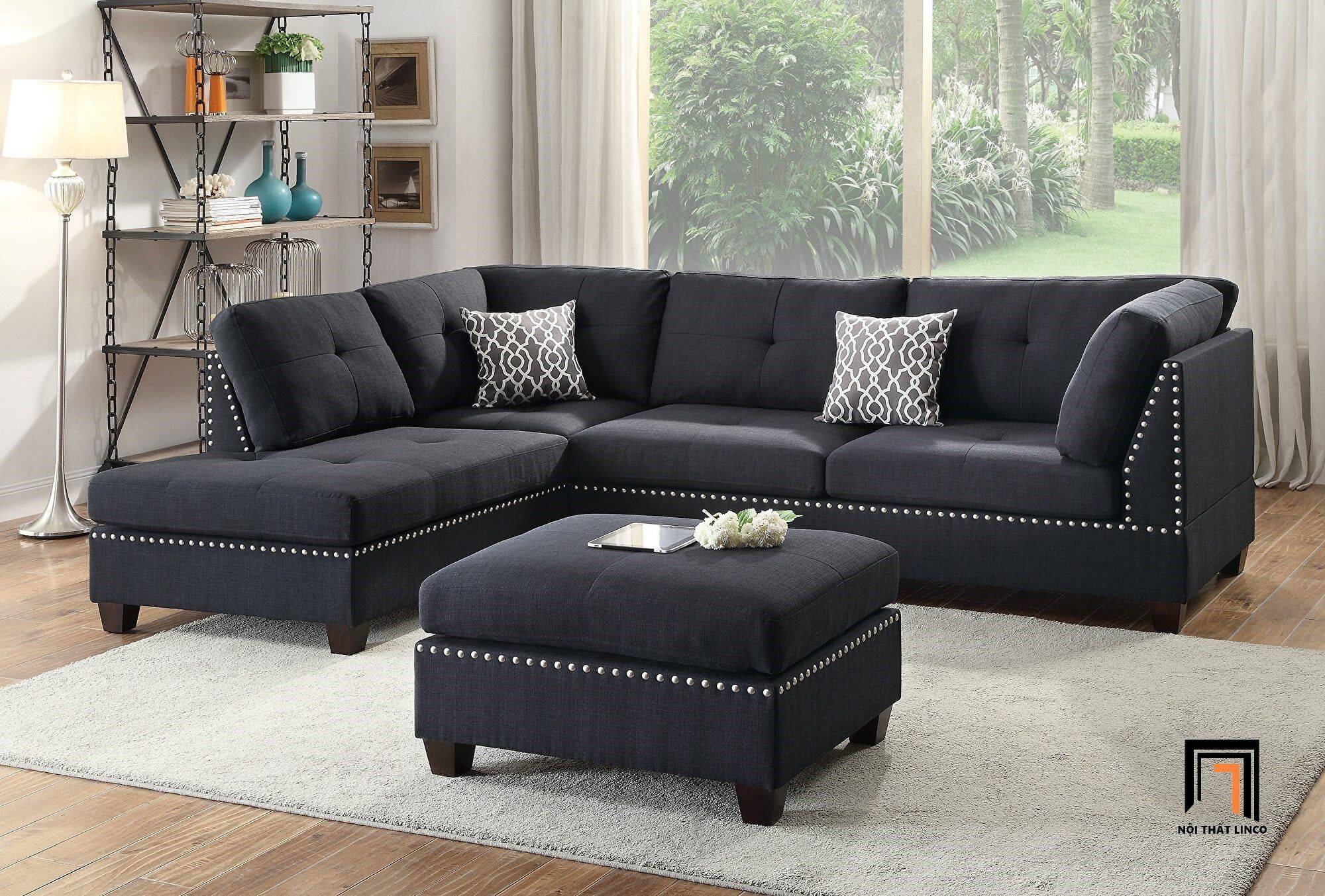  Sofa góc L phong cách châu Âu GT66 Hectus 2m4 x 1m8 xám đen 