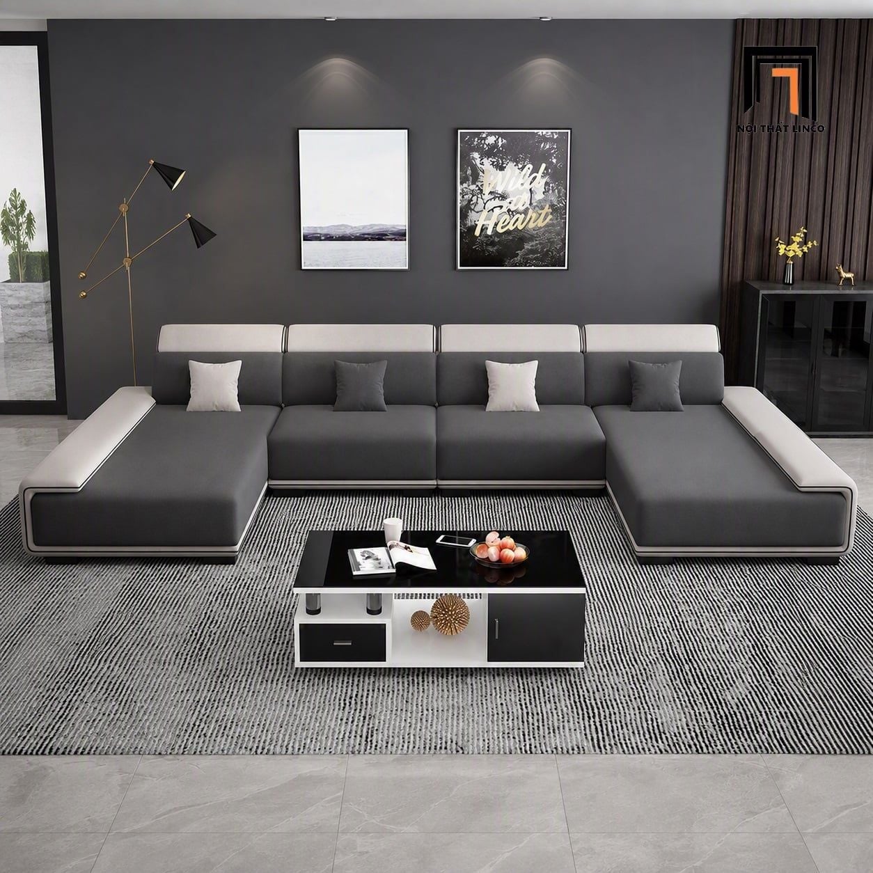  Bộ ghế sofa chữ U UT73 Ramia 3m2 x 1m6 màu trắng đen đẹp 