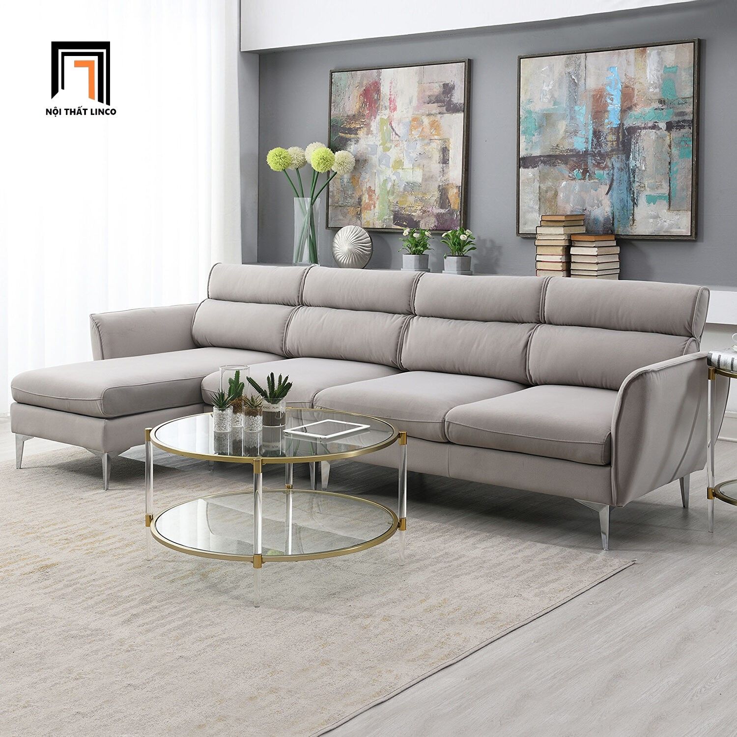  Bộ ghế sofa góc sang trọng GT69 Dexima 2m8 x 1m6 màu xám trắng 