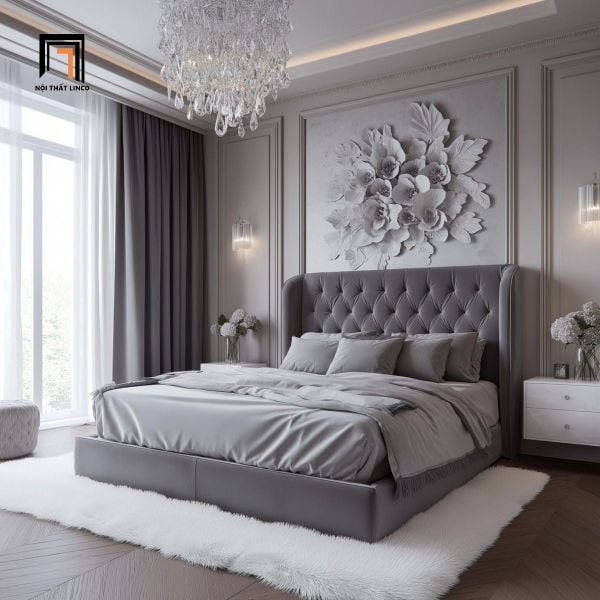giường ngủ bọc nhung xám đậm