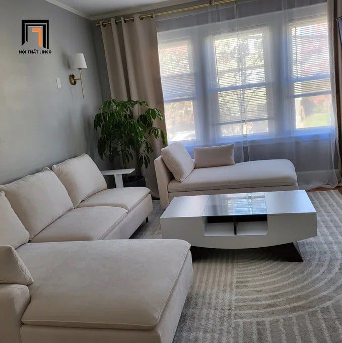  Sofa chữ U UT30 Yushi dài 3m vải nỉ trắng kem cho phòng khách 