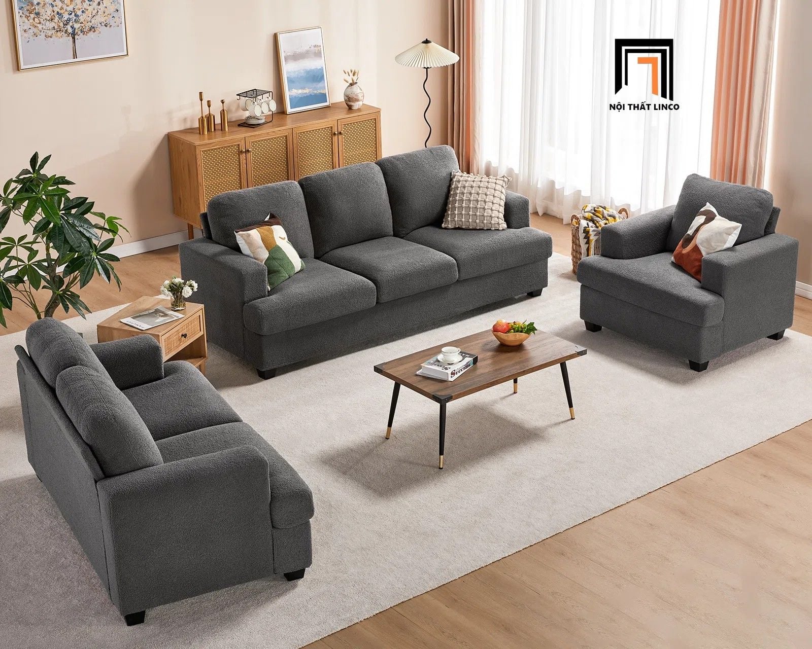  Combo 3 ghế sofa phòng khách KT8 Poll màu xám đen vải nỉ mềm 