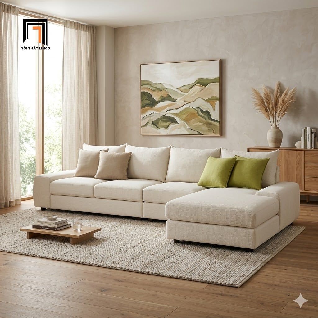  Bộ ghế sofa góc L vải nỉ trắng kem GT276 Farson 3m x 1m6 giá rẻ 