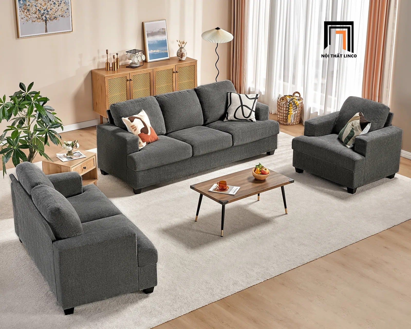  Combo 3 ghế sofa phòng khách KT8 Poll màu xám đen vải nỉ mềm 