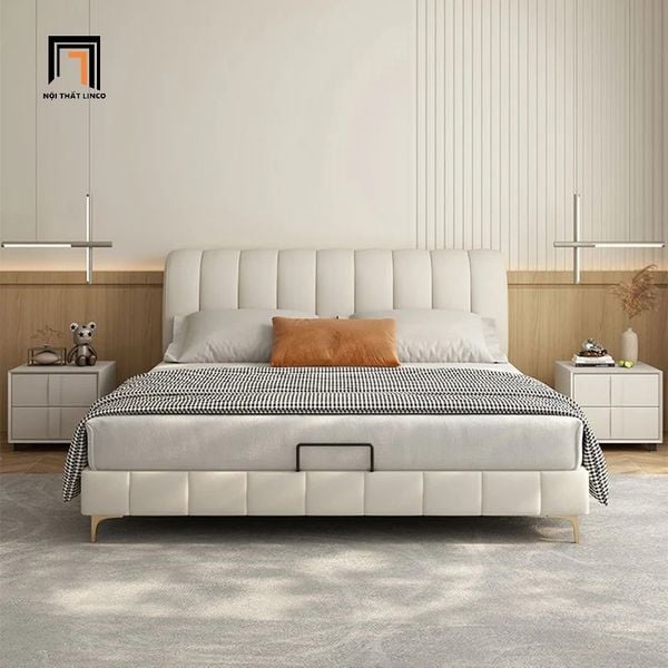 giường bọc da giả xám trắng