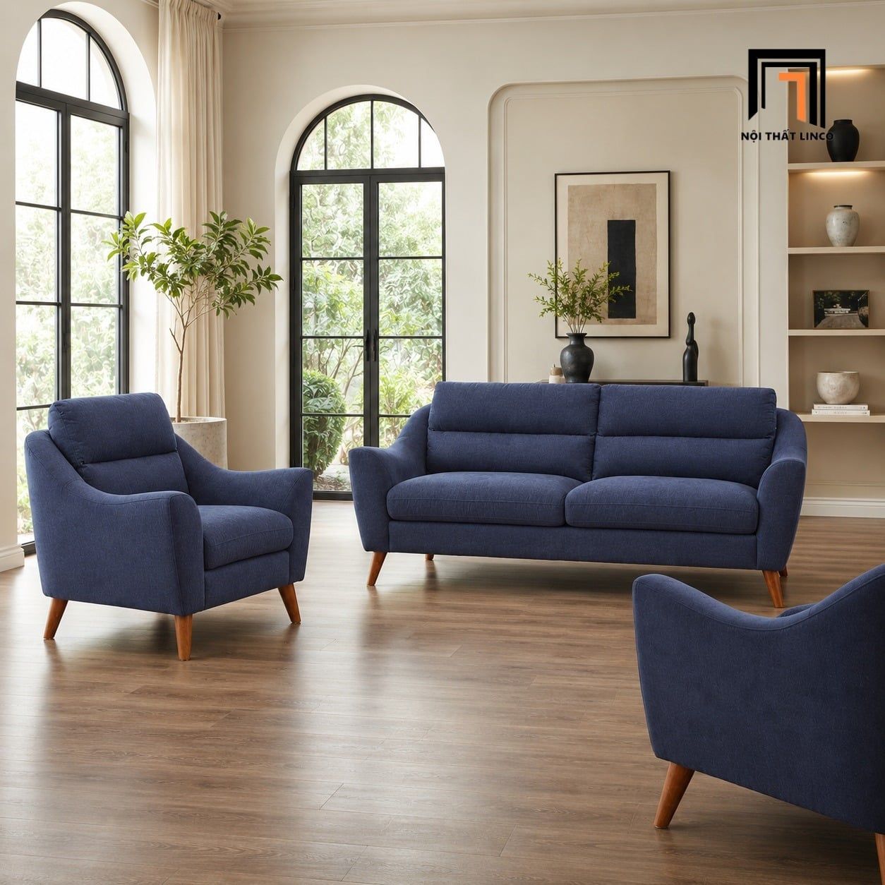  Set ghế sofa gia đình KT40 Gano bọc vải bố cotton xanh dương 
