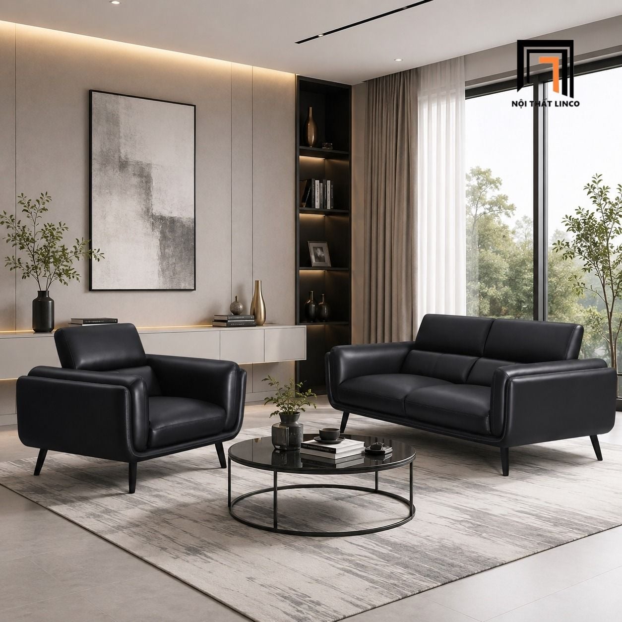  Bộ ghế sofa cho văn phòng KT53 Shania da giả màu đen 