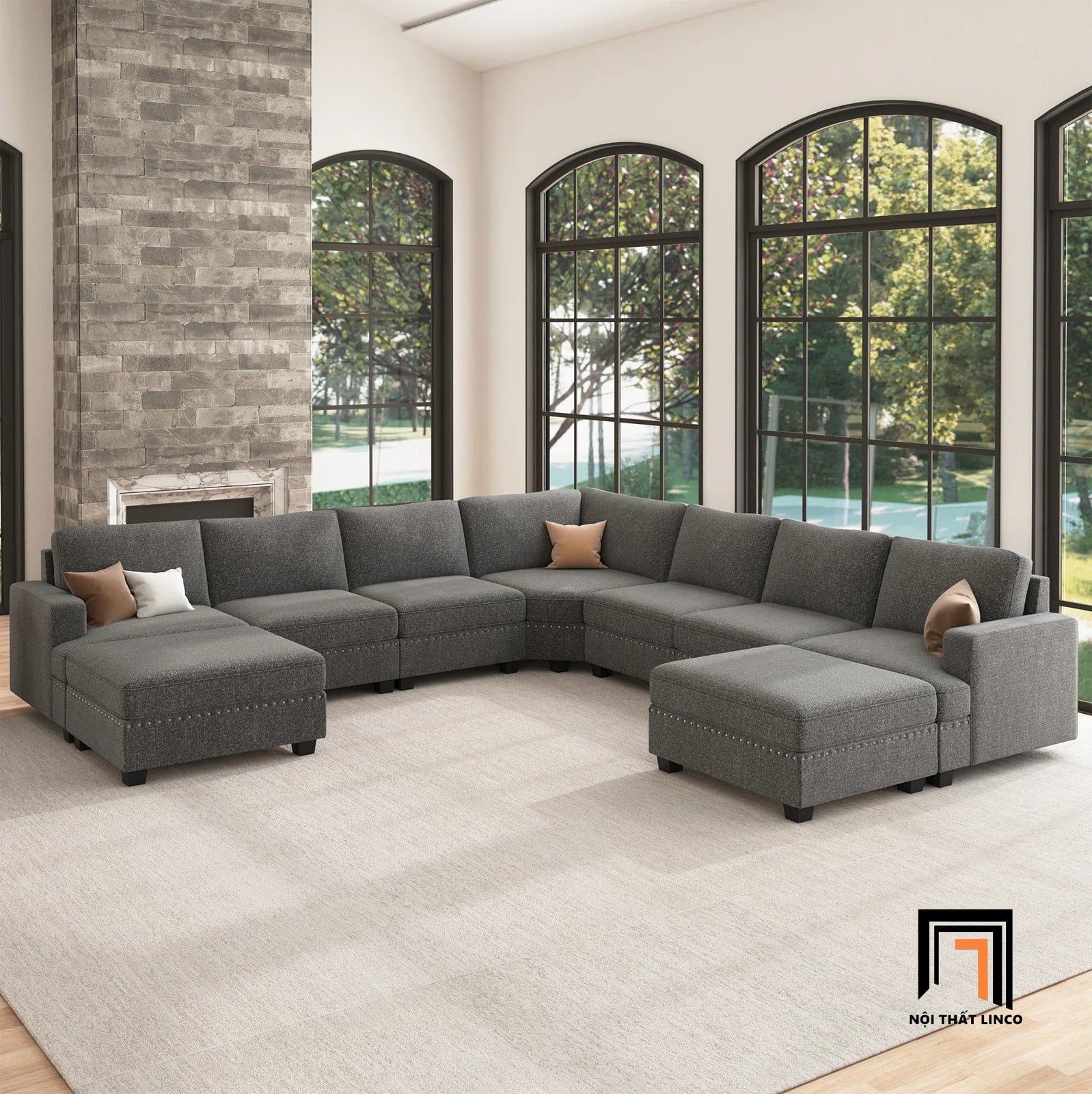  Bộ sofa U sang trọng UT13 Anureet vải nỉ xám lông chuột 