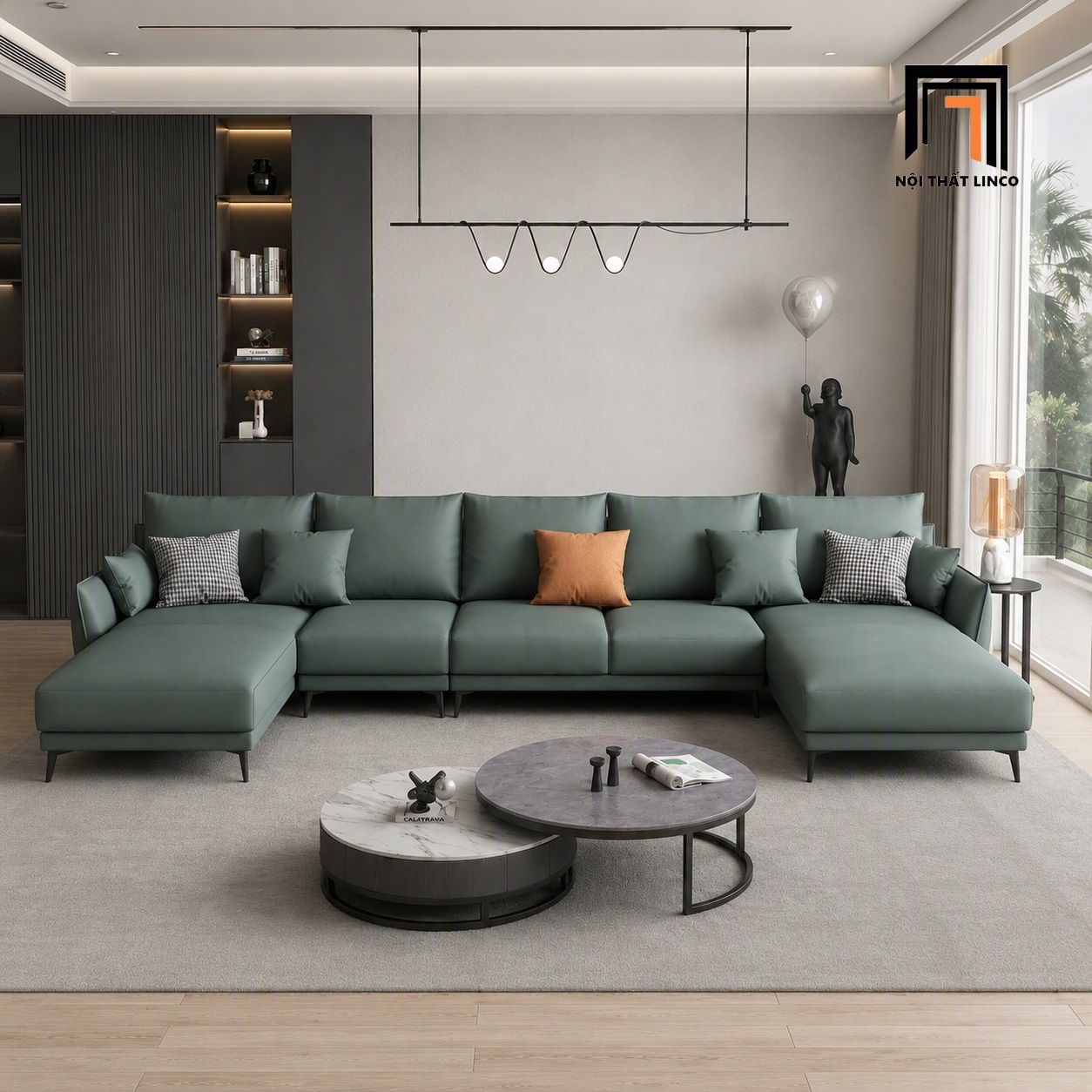  Bộ ghế sofa U da xanh lá UT82 Noha dài 3m4 diện tích lớn 