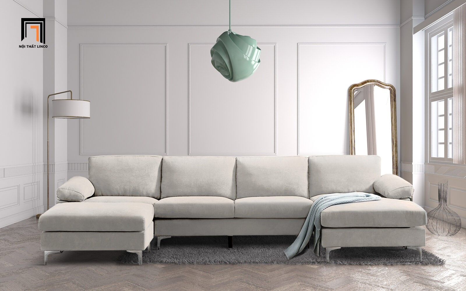  Bộ ghế sofa góc giá rẻ GT64 Denavy dài 3m2 x 1m4 vải nỉ xanh đậm 