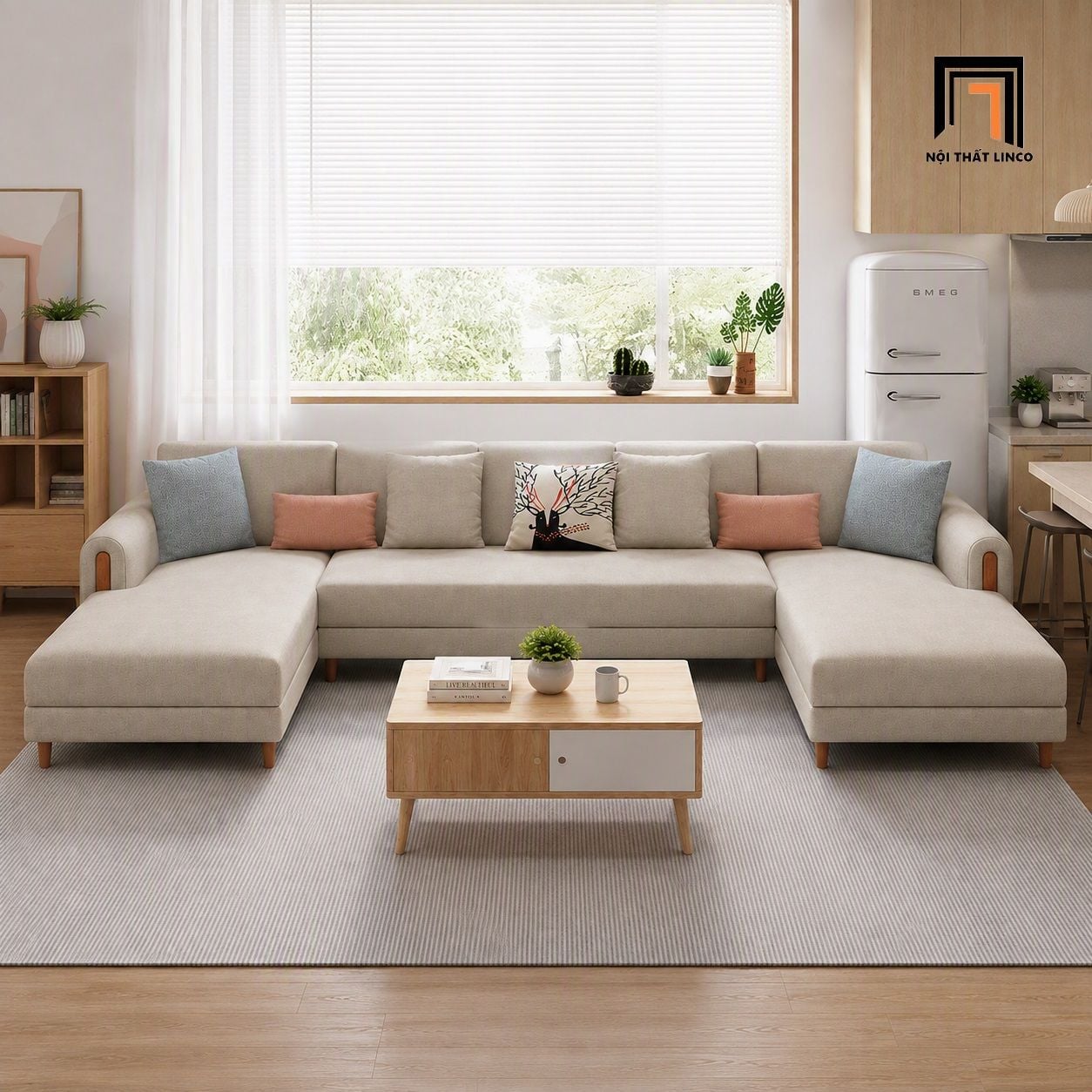  Sofa U giá rẻ UT62 Joblin dài 3m màu be bọc nỉ 