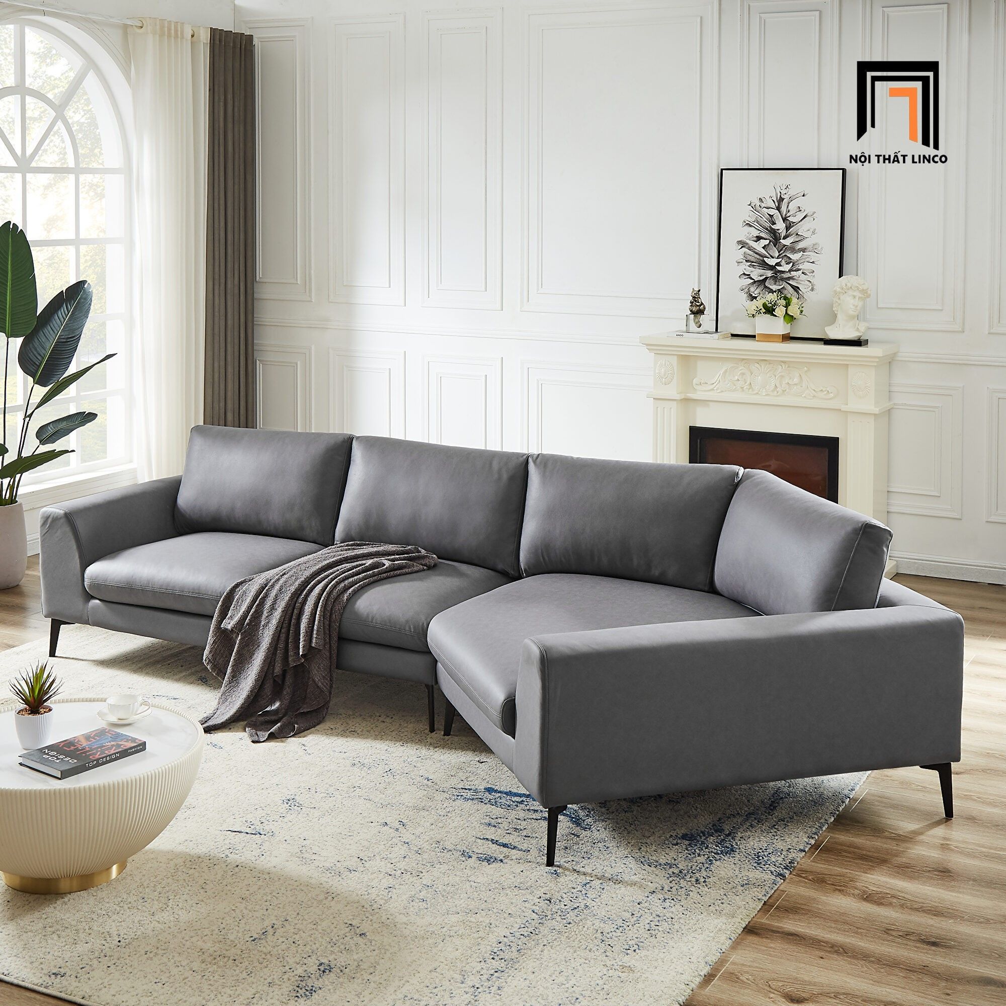  Bộ ghế sofa da góc L phòng khách lớn GT71 Klema xám lông chuột 