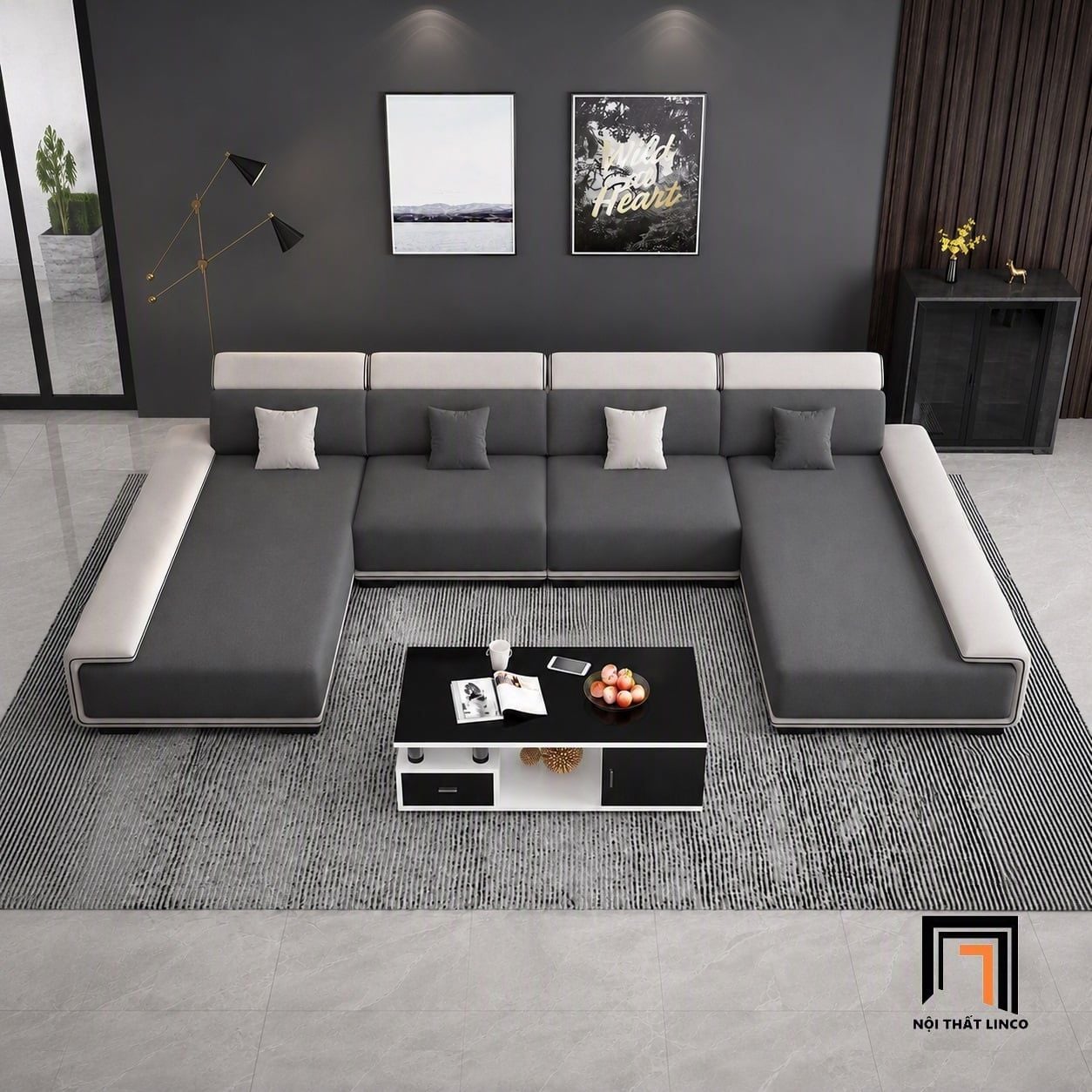  Bộ ghế sofa chữ U UT73 Ramia 3m2 x 1m6 màu trắng đen đẹp 