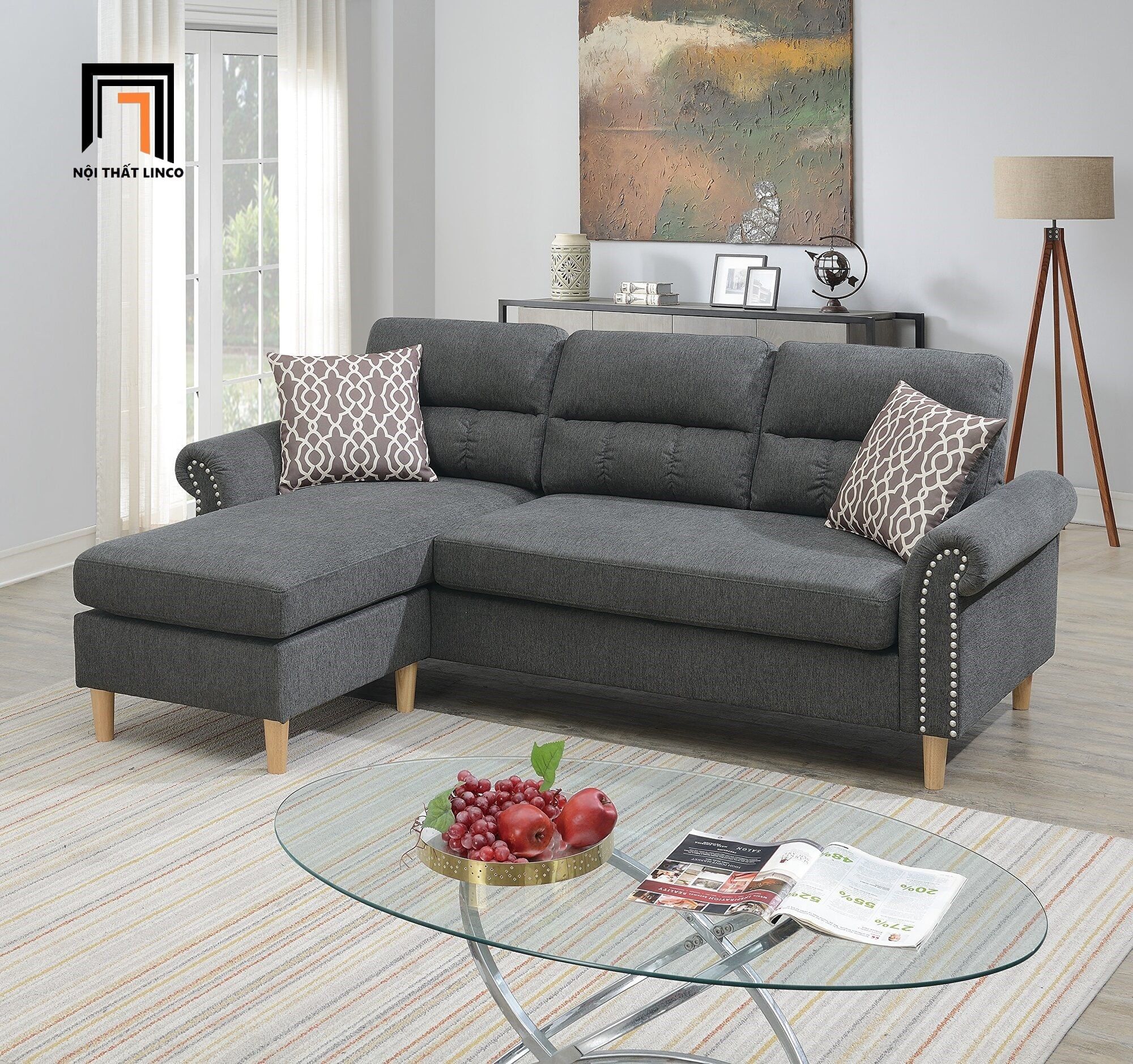  Bộ ghế sofa góc chữ L gia đình GT65 Retic 2m2 x 1m5 vải bố 