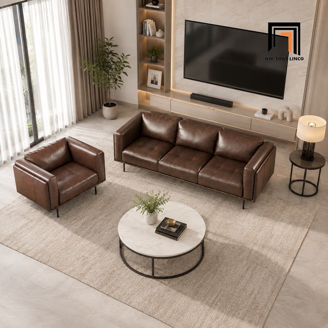  Bộ ghế sofa phòng khách cao cấp KT130 Foxcon da giả màu nâu 