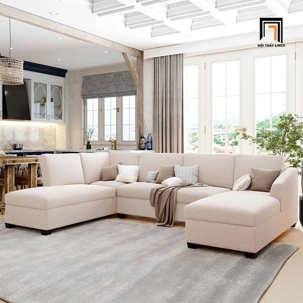 sofa chữ U dài 3m vải nỉ trắng