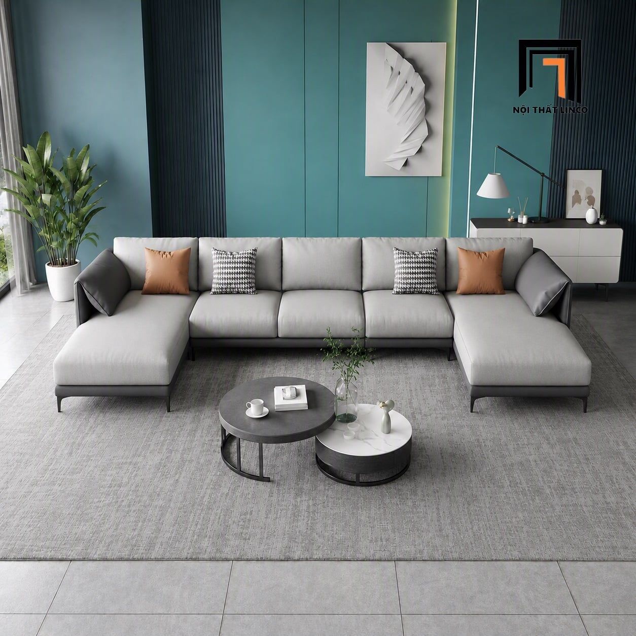  Sofa U da chống trầy UT97 Lesca dài 3m2 phối xám đẹp 