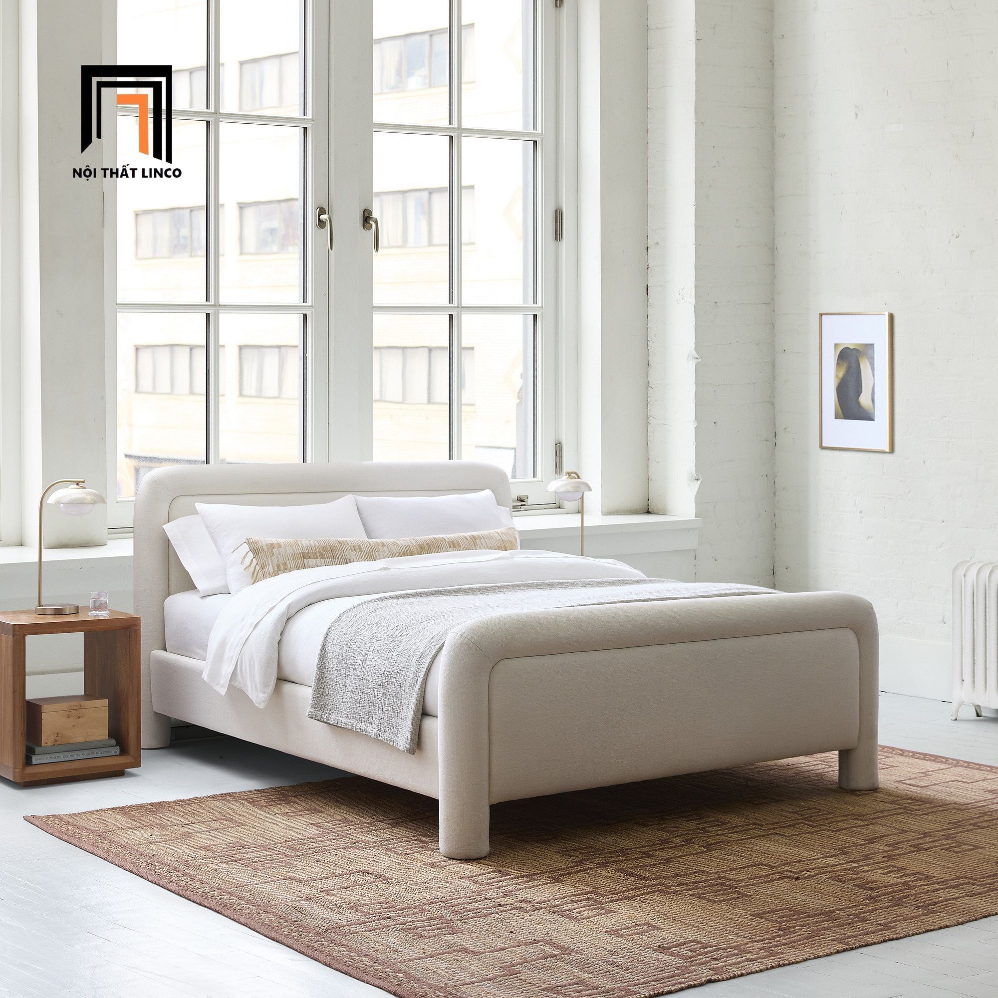  Giường ngủ gia đình màu xám trắng GN125 Latham bọc vải đẹp 