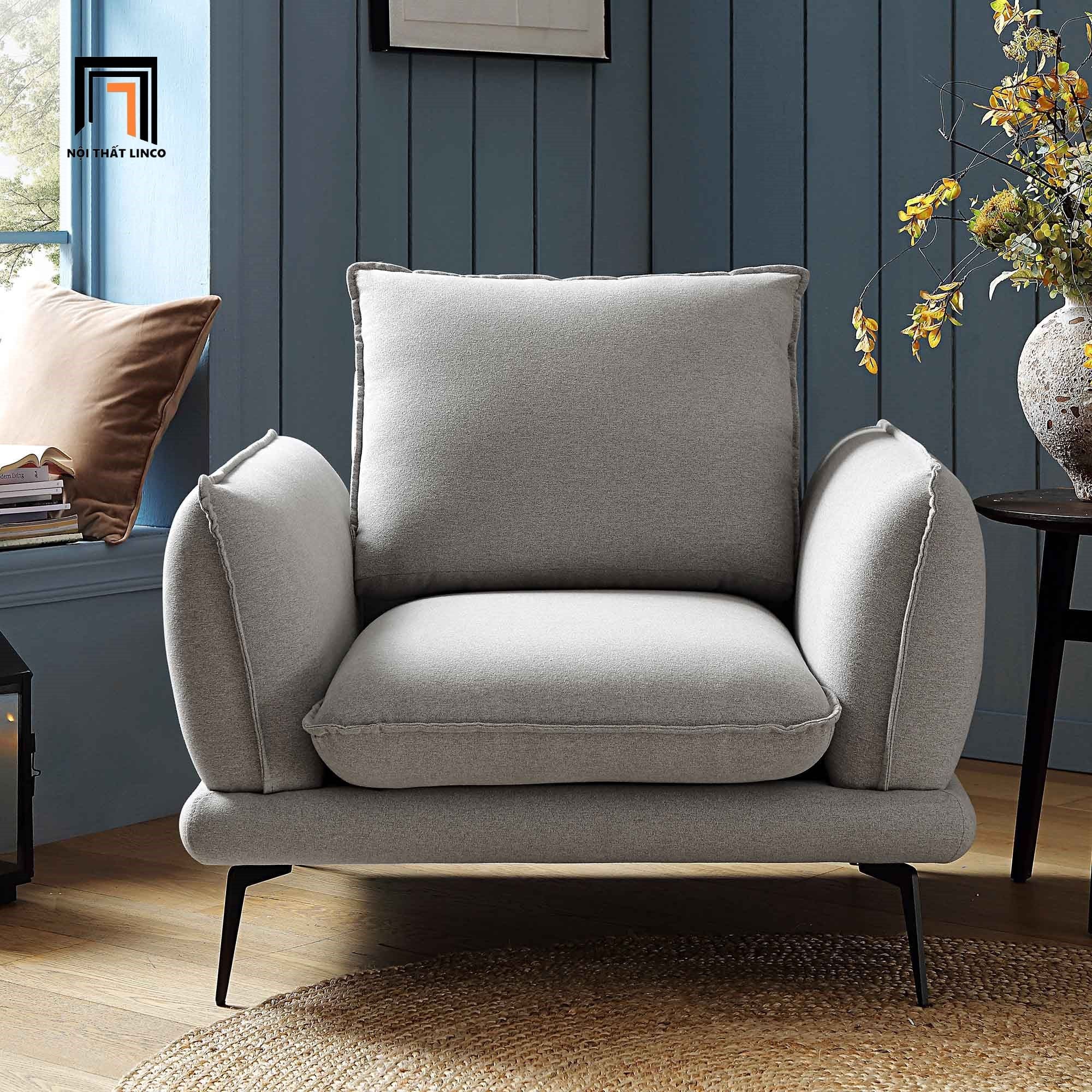  Ghế sofa đơn xám trắng vải bố DT81 Obriel ngồi đọc sách 