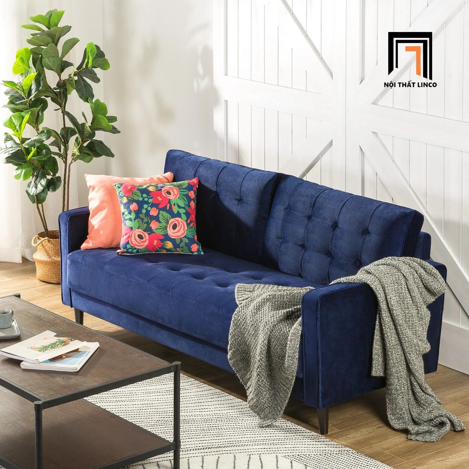 Ghế sofa băng BT26 Rosenow dài 1m9 màu xanh đen vải nhung 