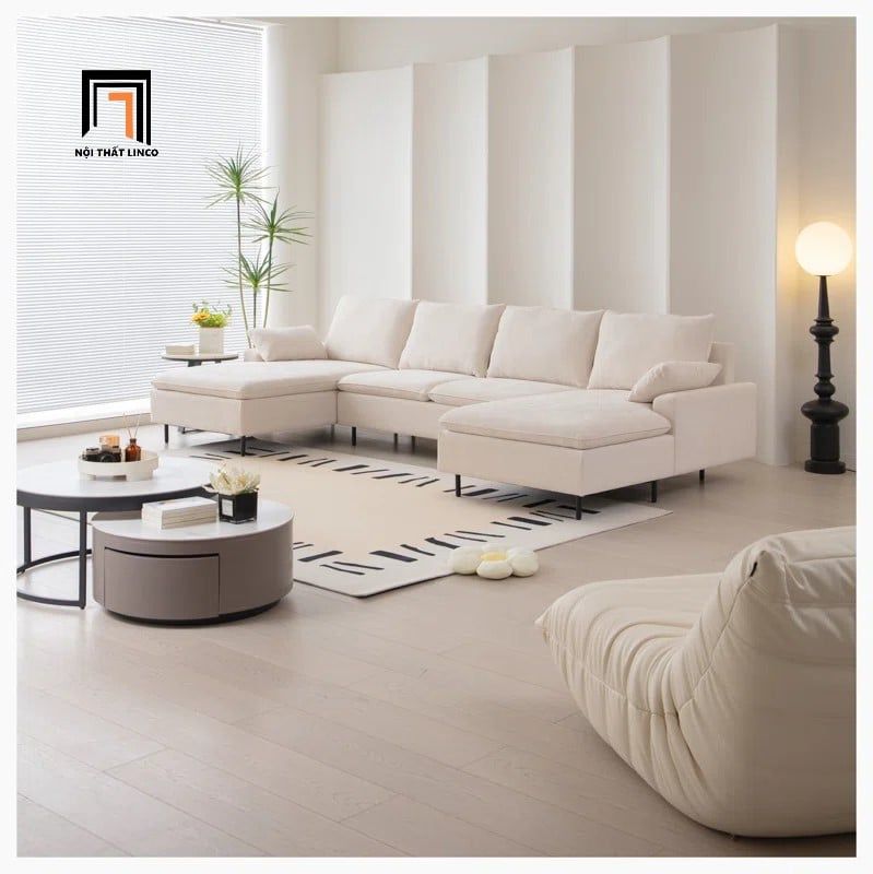  Sofa chữ U UT30 Yushi dài 3m vải nỉ trắng kem cho phòng khách 