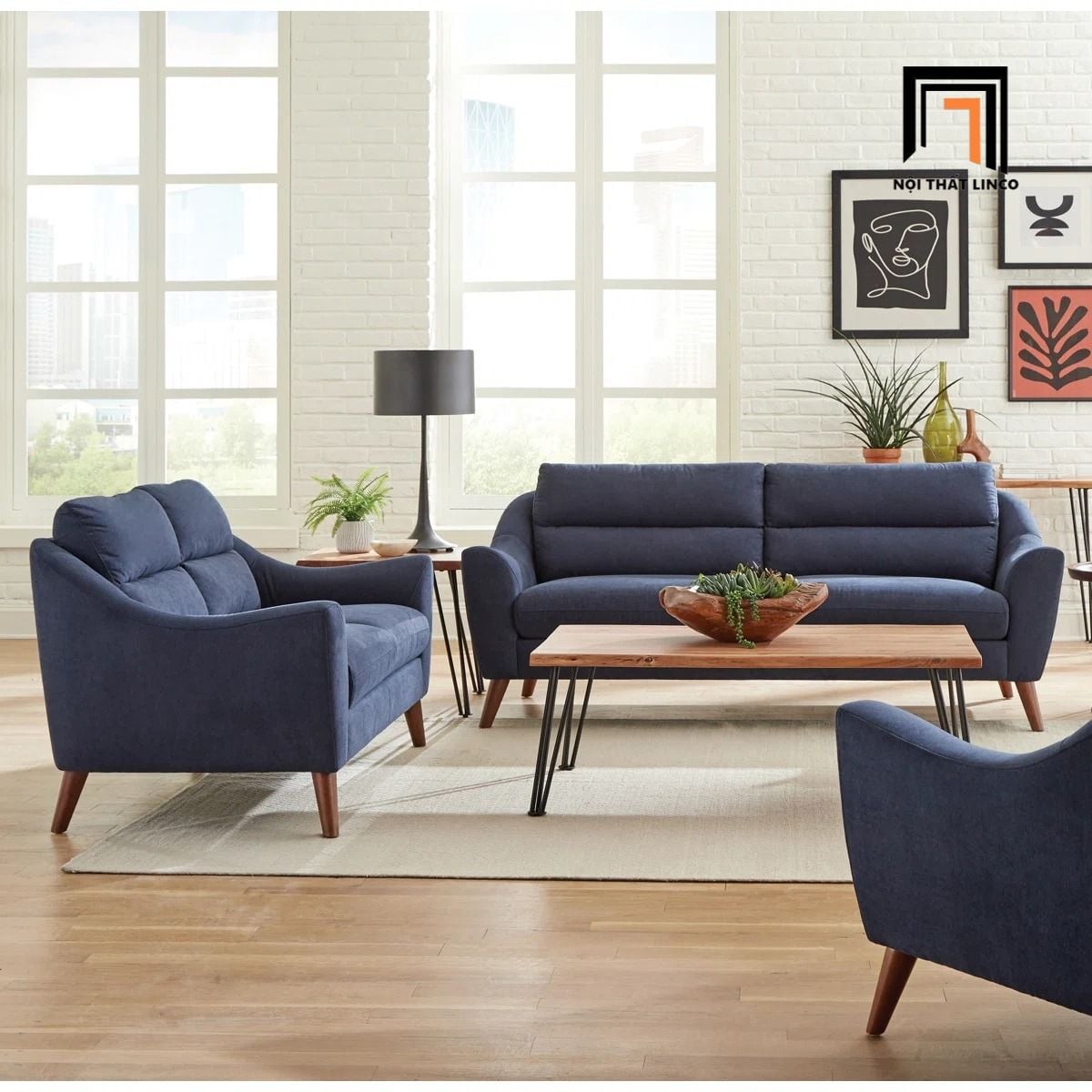  Set ghế sofa gia đình KT40 Gano bọc vải bố cotton xanh dương 