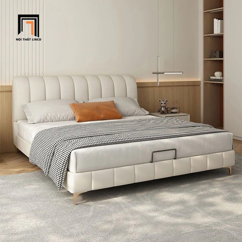  Giường bọc da giả xám trắng GN81 Moya phòng ngủ gia đình 