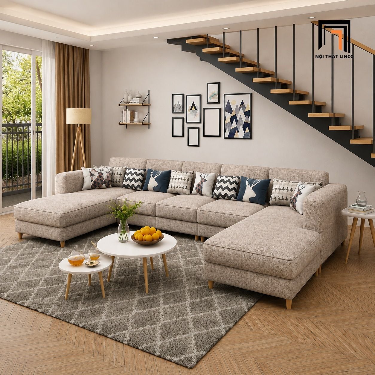  Sofa U UT65 Charles 3m3 bọc vải xám trắng đẹp giá rẻ 