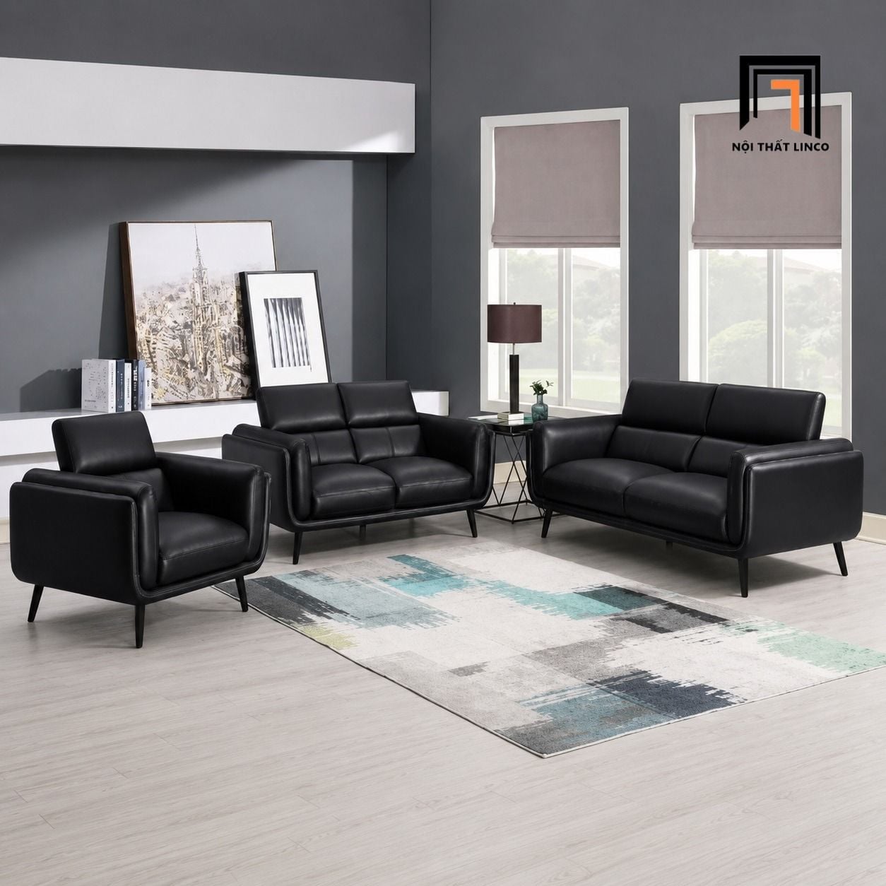  Bộ ghế sofa cho văn phòng KT53 Shania da giả màu đen 