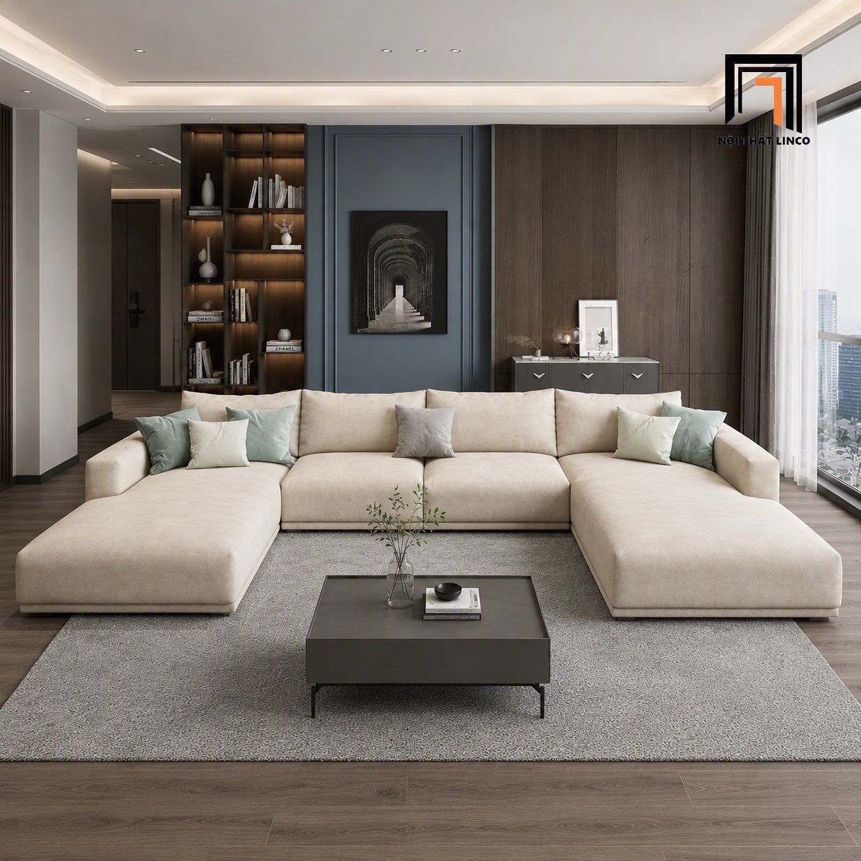  Ghế sofa U vải nhung UT79 Omaha màu xám tro hiện đại 