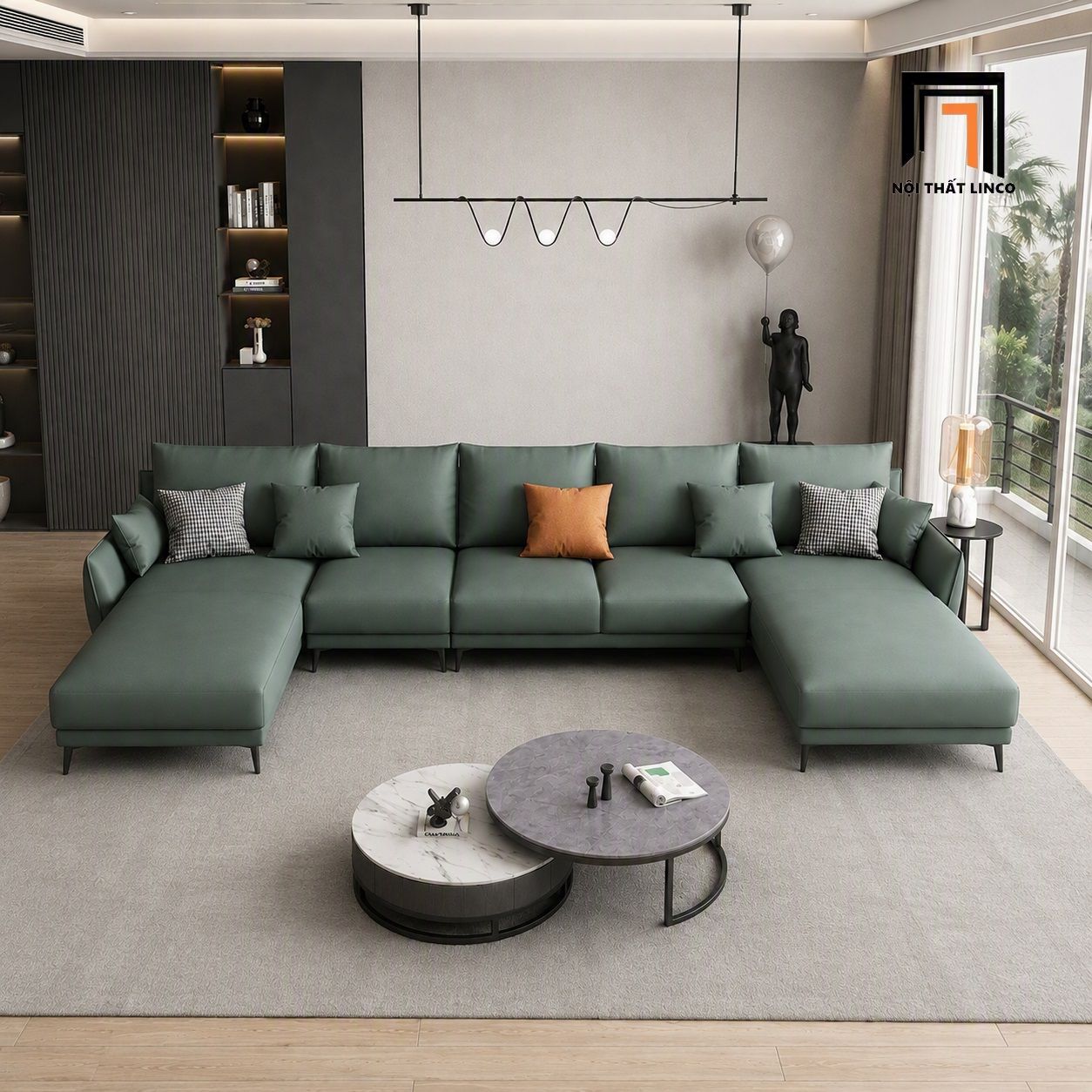  Bộ ghế sofa U da xanh lá UT82 Noha dài 3m4 diện tích lớn 
