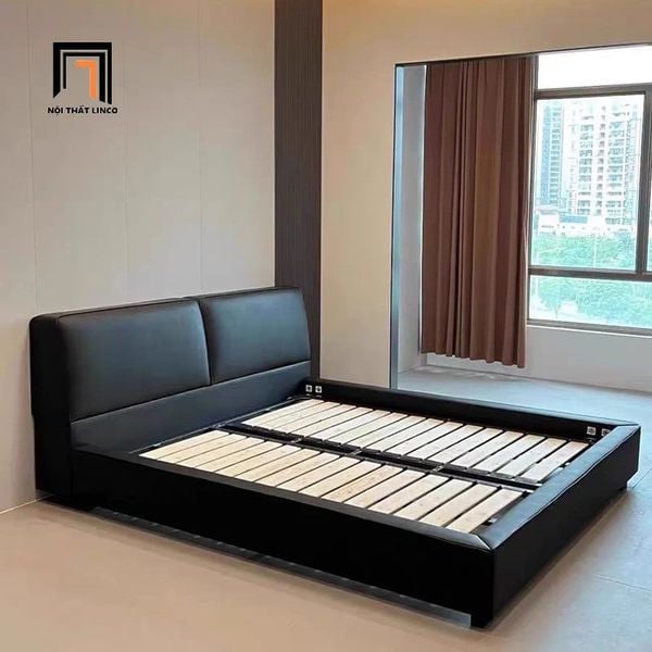 giường bọc da màu đen
