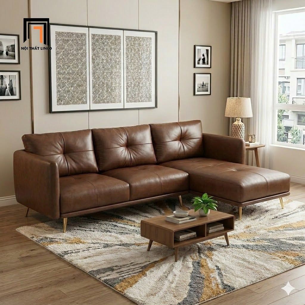  Bộ ghế sofa góc L da nâu GT288 Foia 2m2 x 1m5 chung cư nhỏ 