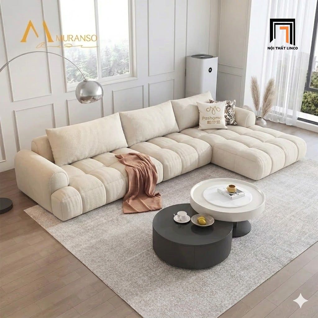  Ghế sofa văng nỉ màu trắng kem BT270 Muranso dài 2m6 giá rẻ 