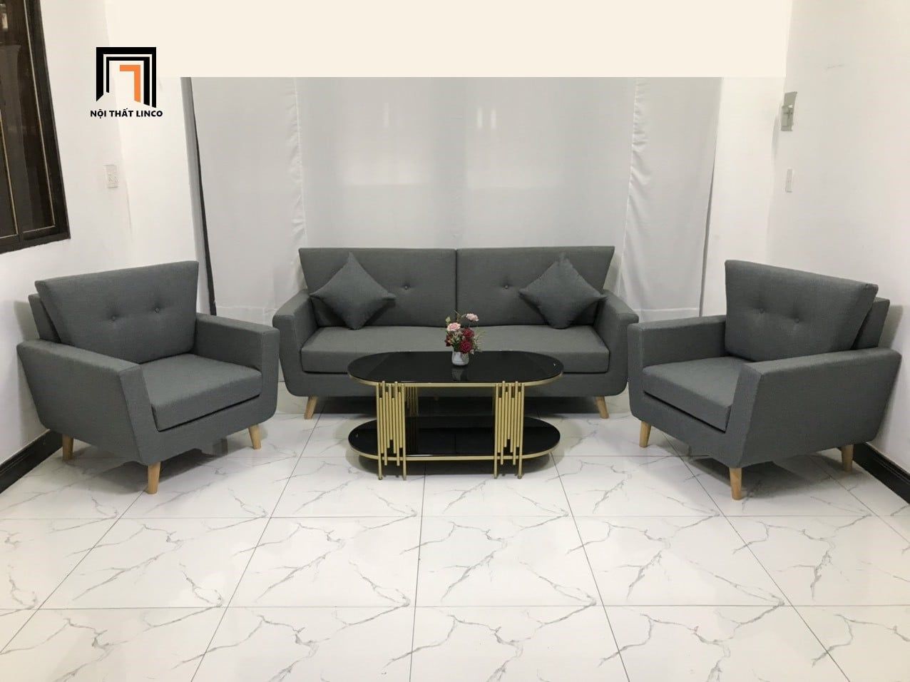  Bộ ghế sofa gia đình màu xám đậm KL5 Piloc kiểu dáng nhỏ gọn 