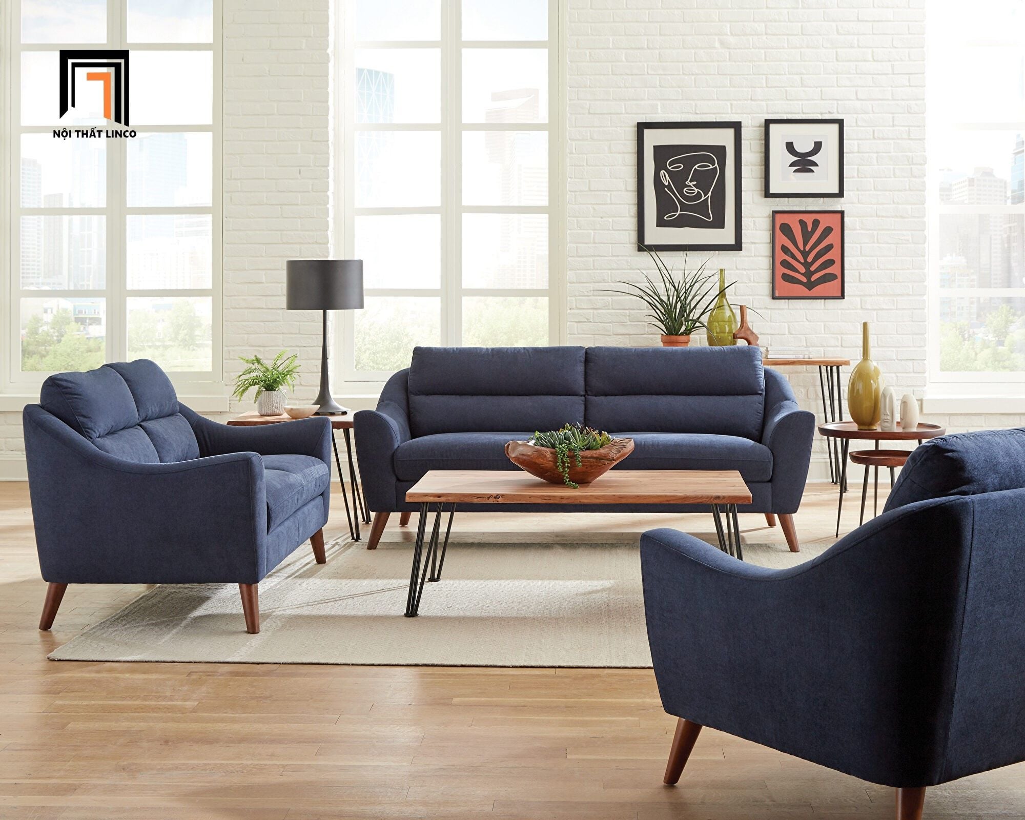  Set ghế sofa gia đình KT40 Gano bọc vải bố cotton xanh dương 
