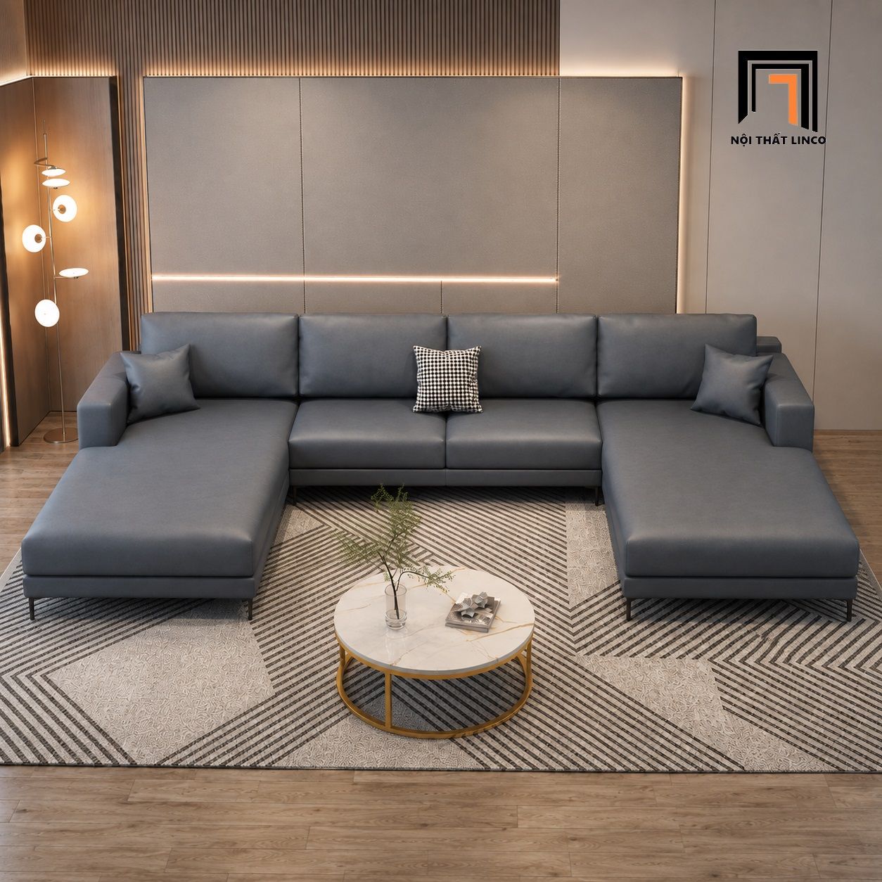  Bộ ghế sofa chữ U UT74 Grove da xám 3m15 x 1m6 đẹp 