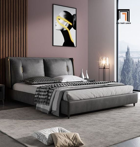 giường ngủ bọc da xám đậm
