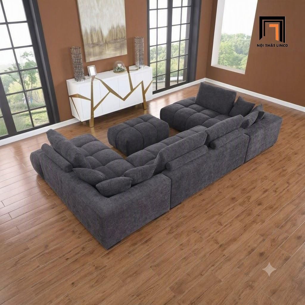  Bộ sofa chữ U UT32 Marigail dài 3m15 vải nỉ xám đen đẹp 