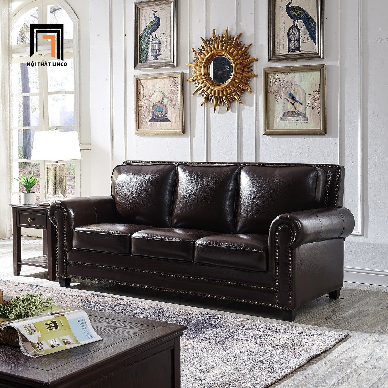  Ghế sofa băng tân cổ điển BHQ47 Clyro 2m1 da màu nâu đậm 