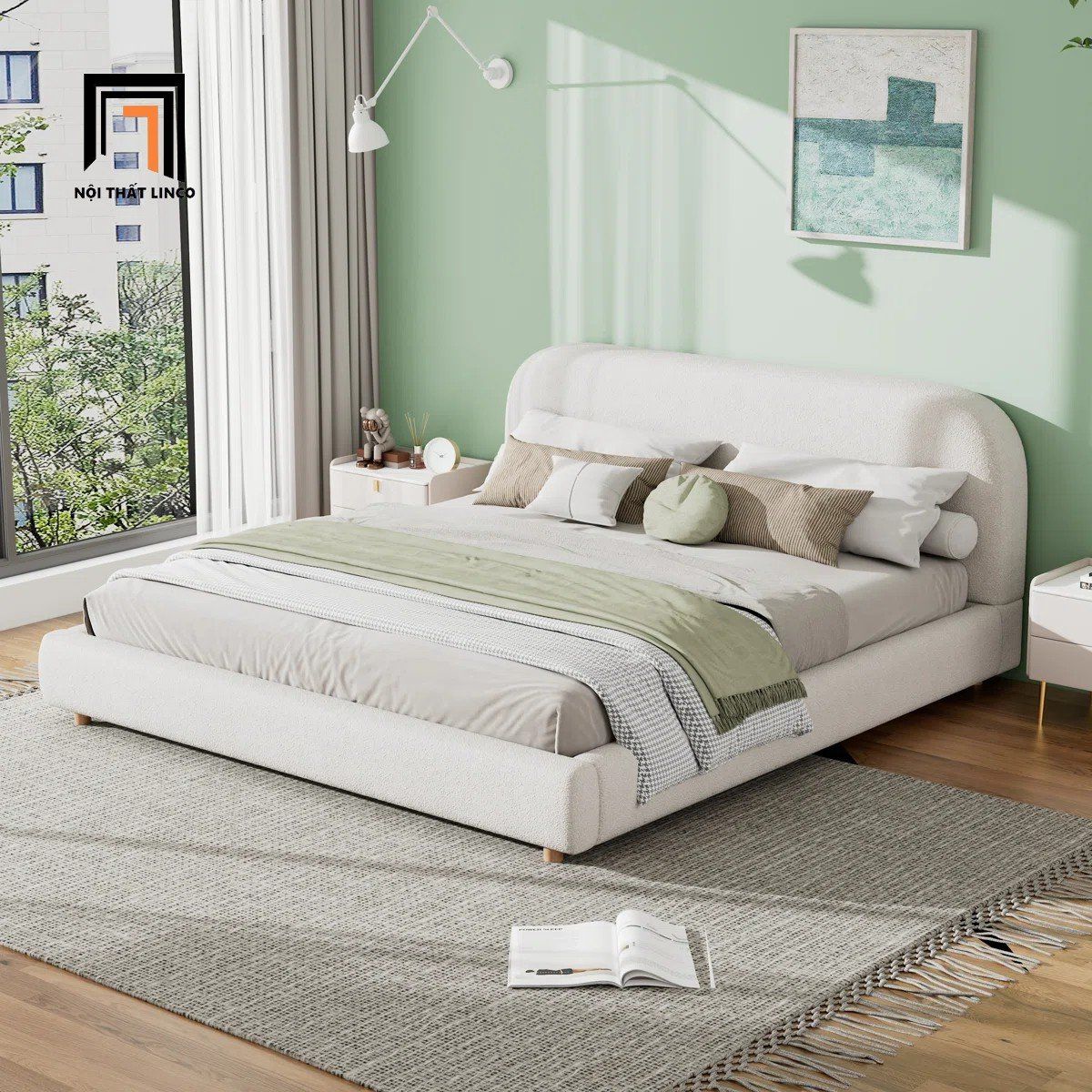  Giường ngủ bọc nệm giá rẻ GN123 Issabell vải nỉ nhung màu be 