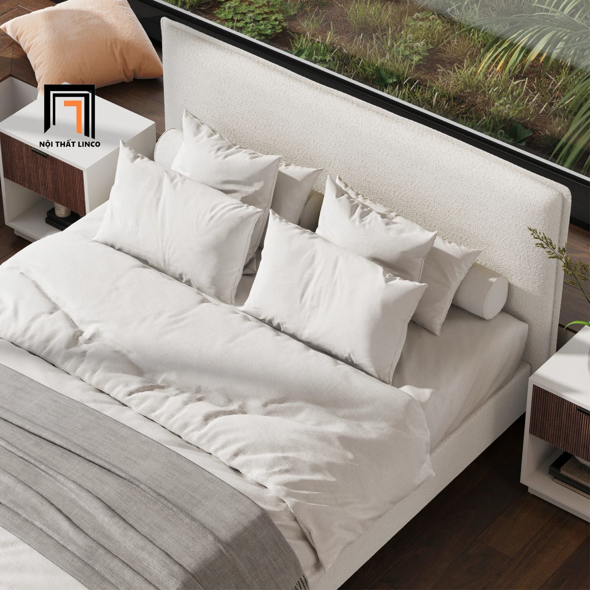 Giường ngủ vải nỉ xám trắng GN112 Bowsmen kiểu dáng trẻ trung 