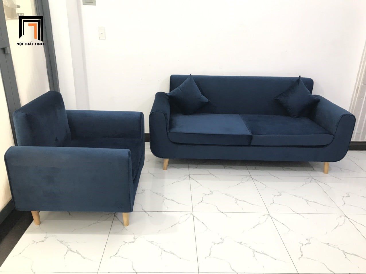  Bộ ghế sofa văn phòng làm việc KL1 Presa vải nhung xanh đậm 