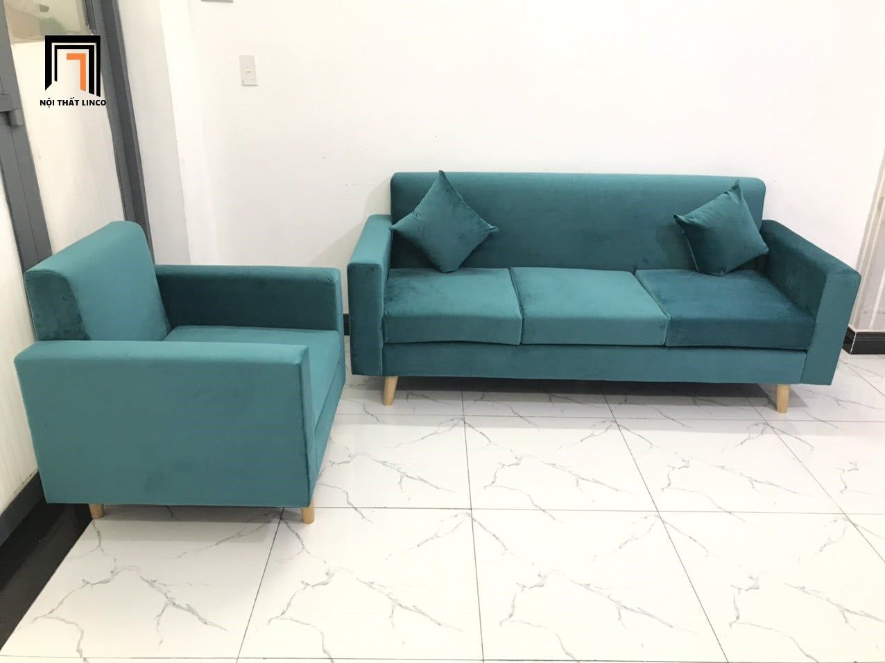  Bộ ghế sofa phòng khách nhỏ KL2 Basim màu xanh lá vải nhung 