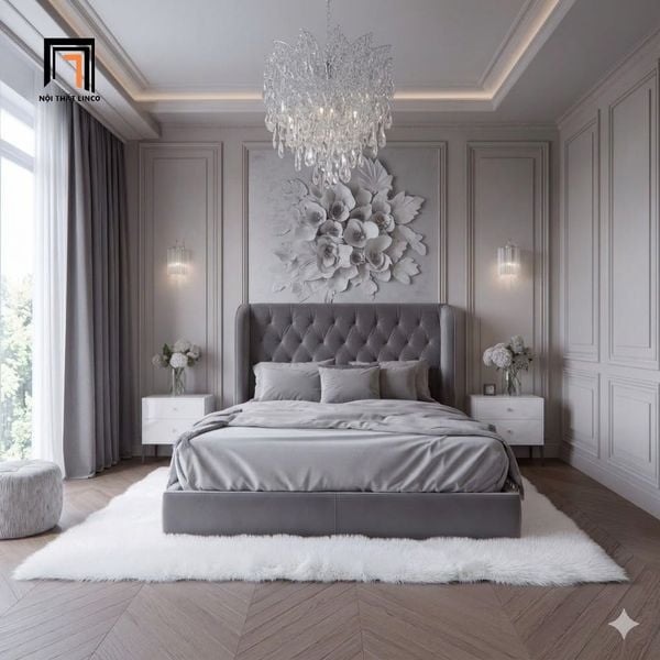 giường ngủ bọc nhung xám đậm