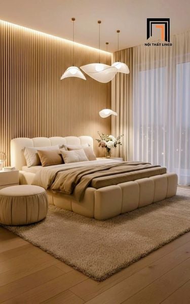 giường ngủ bọc vải nỉ màu be
