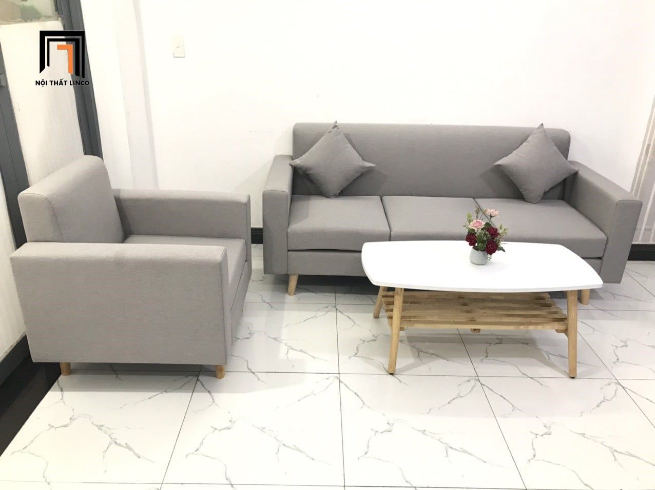  Bộ ghế sofa phòng khách giá rẻ KL2 Basim màu xám ghi trắng 