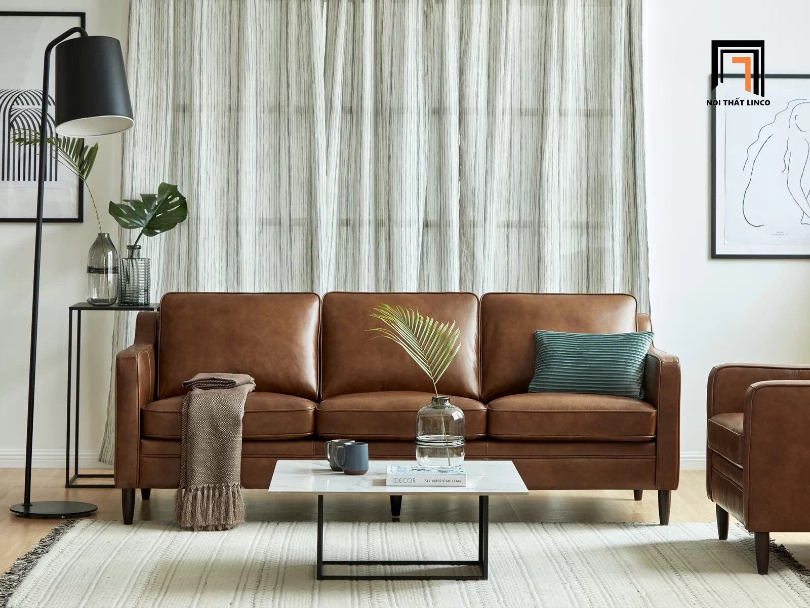  Bộ ghế sofa phòng khách da giả KT17 Abbot màu nâu sang trọng 
