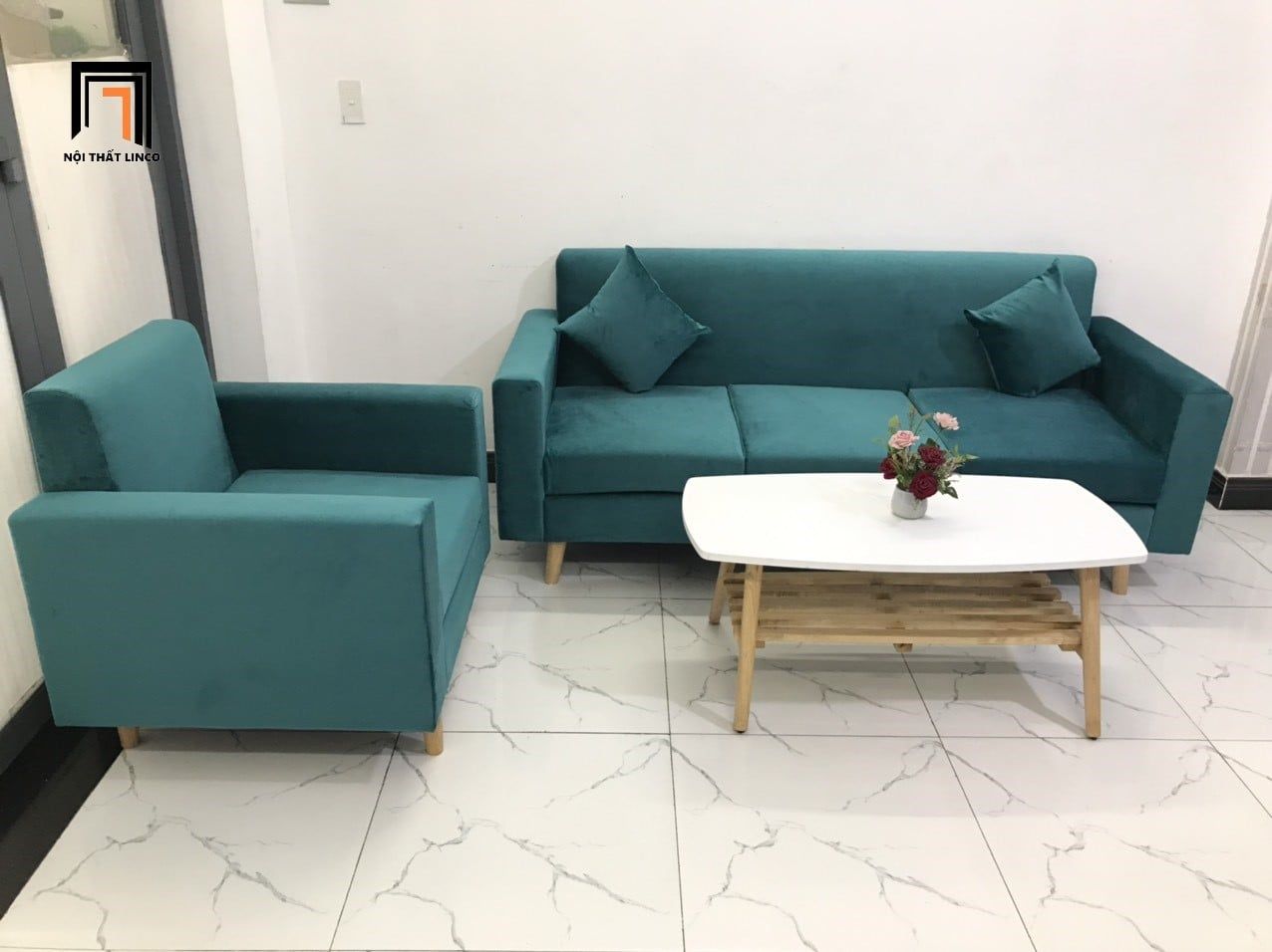  Bộ ghế sofa phòng khách nhỏ KL2 Basim màu xanh lá vải nhung 